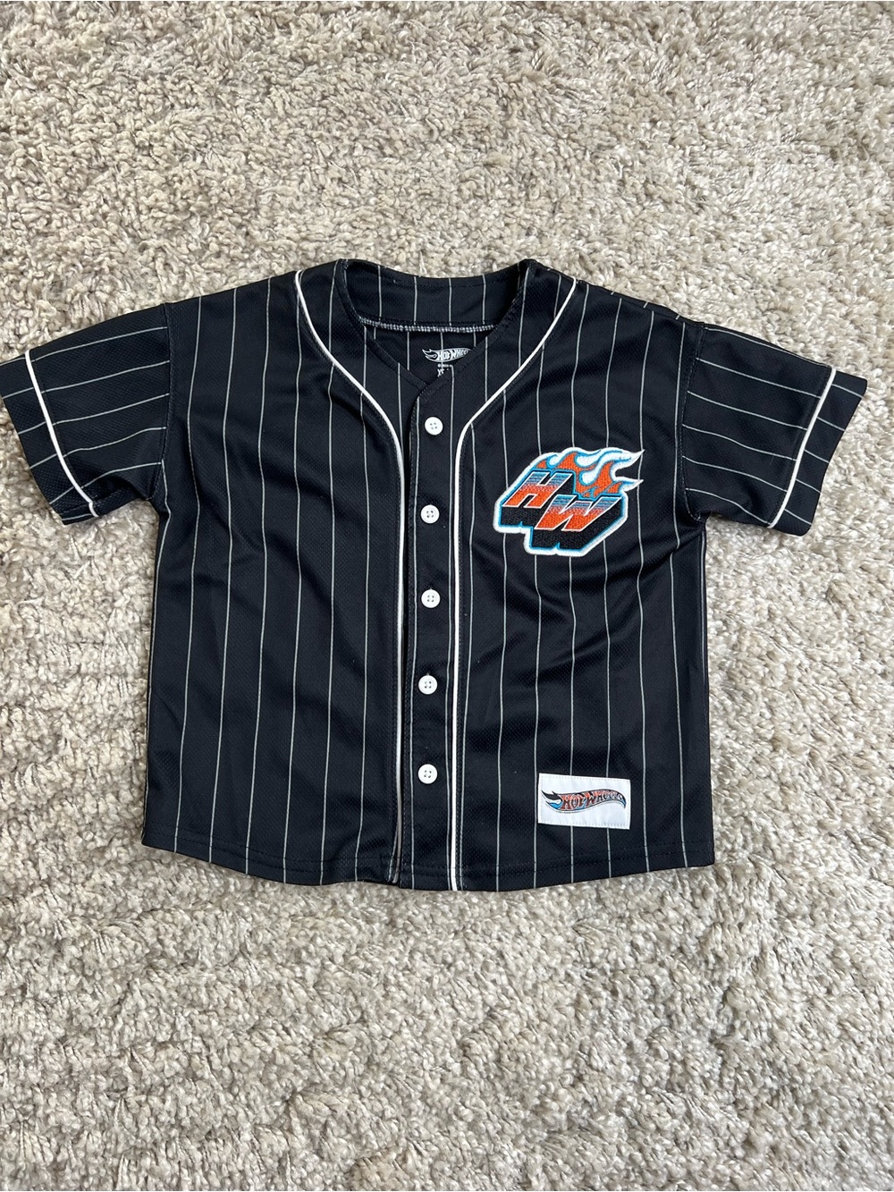 Kids Black Pinstripe Baseball Jersey Top with Flame HW Patch